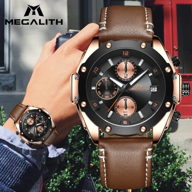 MEGALITH новинка мужские часы jam Tangan Pria кварцевые с календарем кожа военные