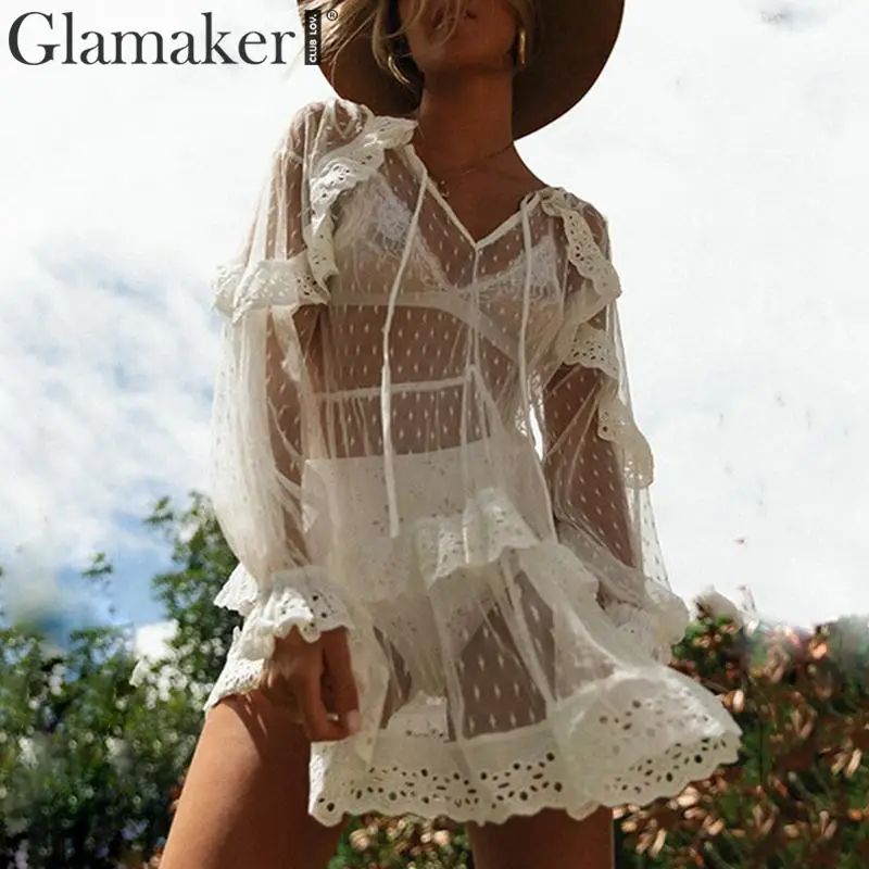 Glamaker, сексуальное кружевное Прозрачное платье с v-образным вырезом и оборками, женское, белое, праздничное, Пляжное, элегантное, женское, черное, вечерние, платье для кексов, vestido