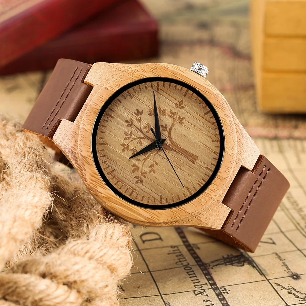 Кварцевые деревянные часы ручной работы с изображением кленовой собаки кожаным