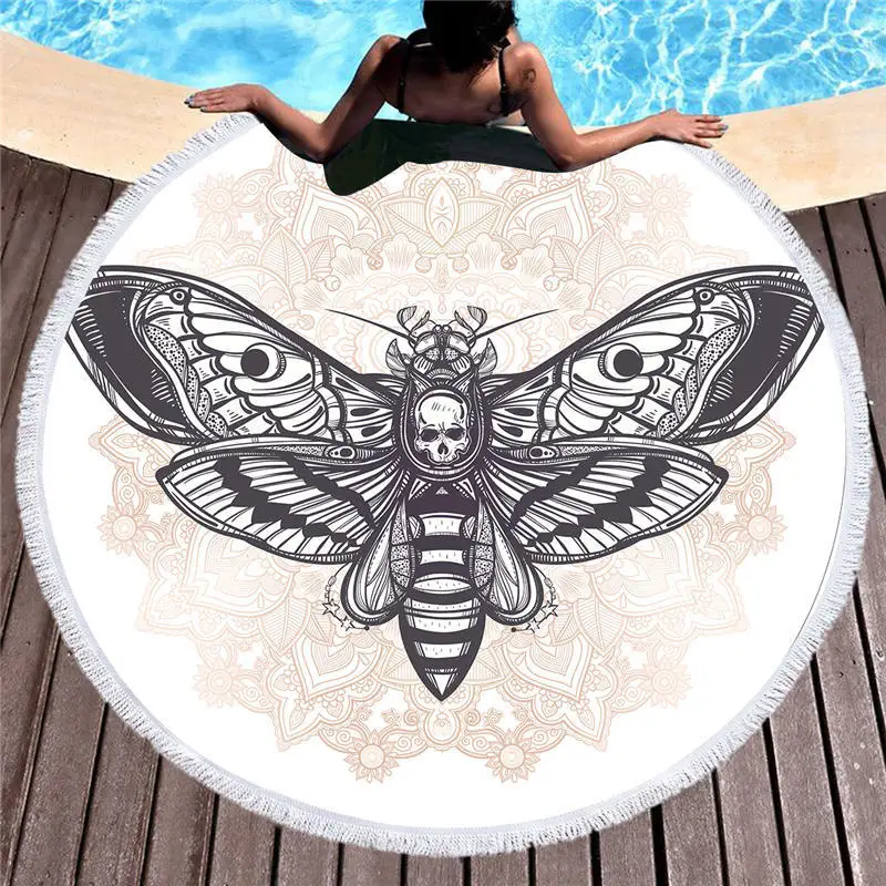 Круглое пляжное полотенце Death Moth с черепом для взрослых черно белое банное из