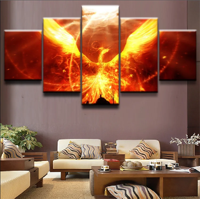 

Home Decor Wall Art Top-Rated Canvas Print Type Poster Frame For Living Room Picture 5 Panel Flame Phoenix Modern Oil Painting