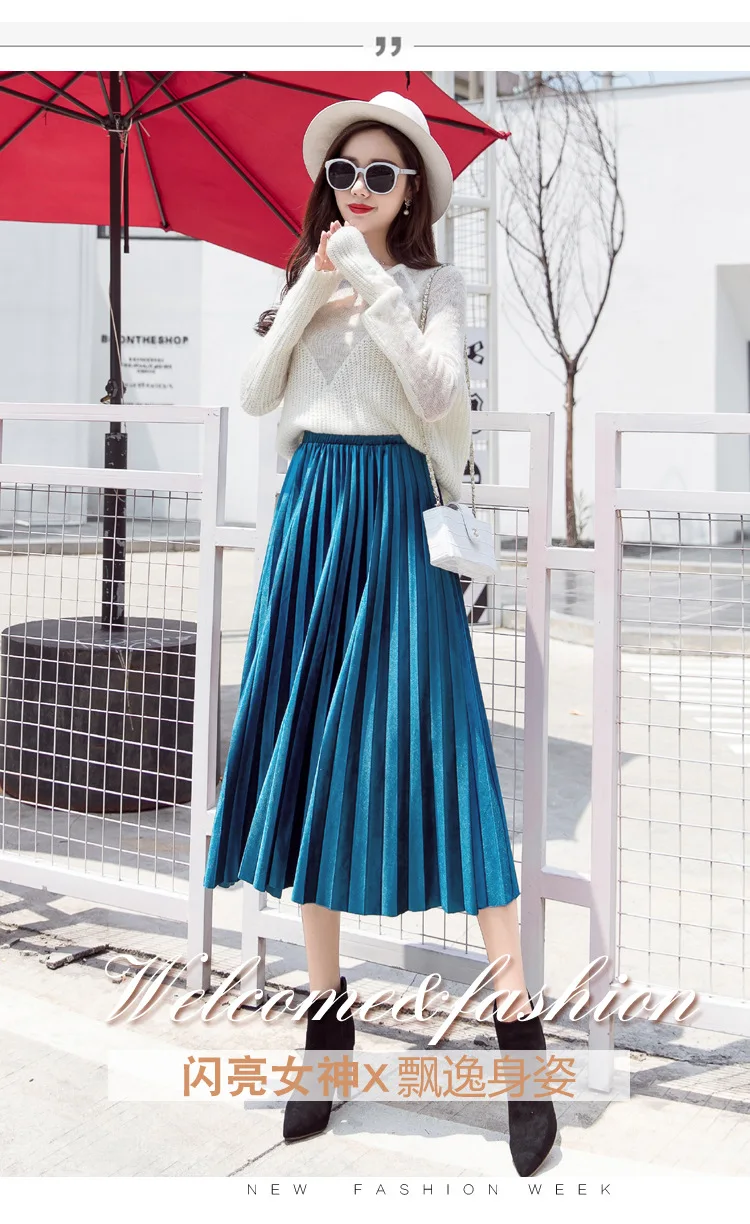 

Summer Autumn Velvet Skirt High Waisted Skinny Large Swing Long Pleated Skirts Metallic Midi Saia Jupe Femme Skirt Solid Color