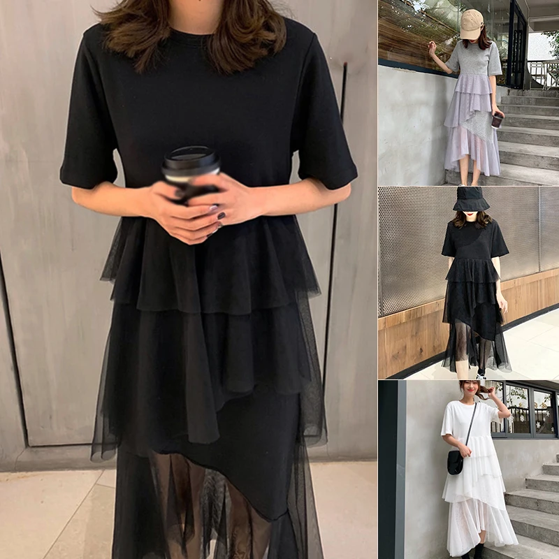 Летнее женское платье свободное Сетчатое с короткими рукавами для девочек