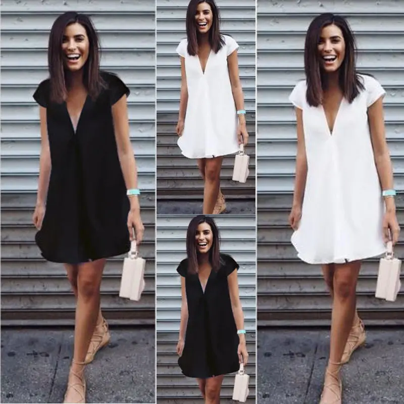 New Women Female Summer Fashion Casual Chic Solid V Neck Dress Short Sleeve Party Beach Hot | Женская одежда