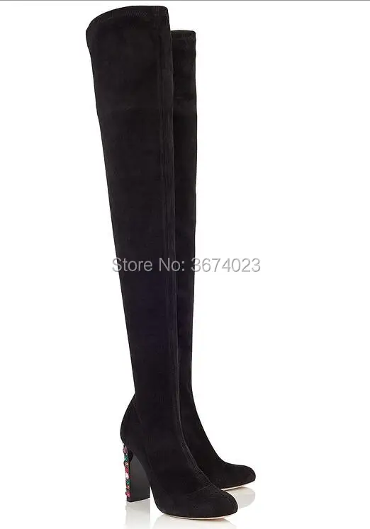 Qianruiti Beige Black Faux Suede Overknee Boots Jeweled Block High Heels Thigh Runway Shoes Women |