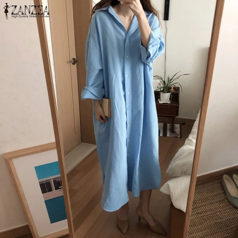 

ZANZEA Maxi Dresses For Women Kaftan Linen Vestidos Robe Chemise Femme Women's Shirt Dress Female Long Sleeve Solid Sundress
