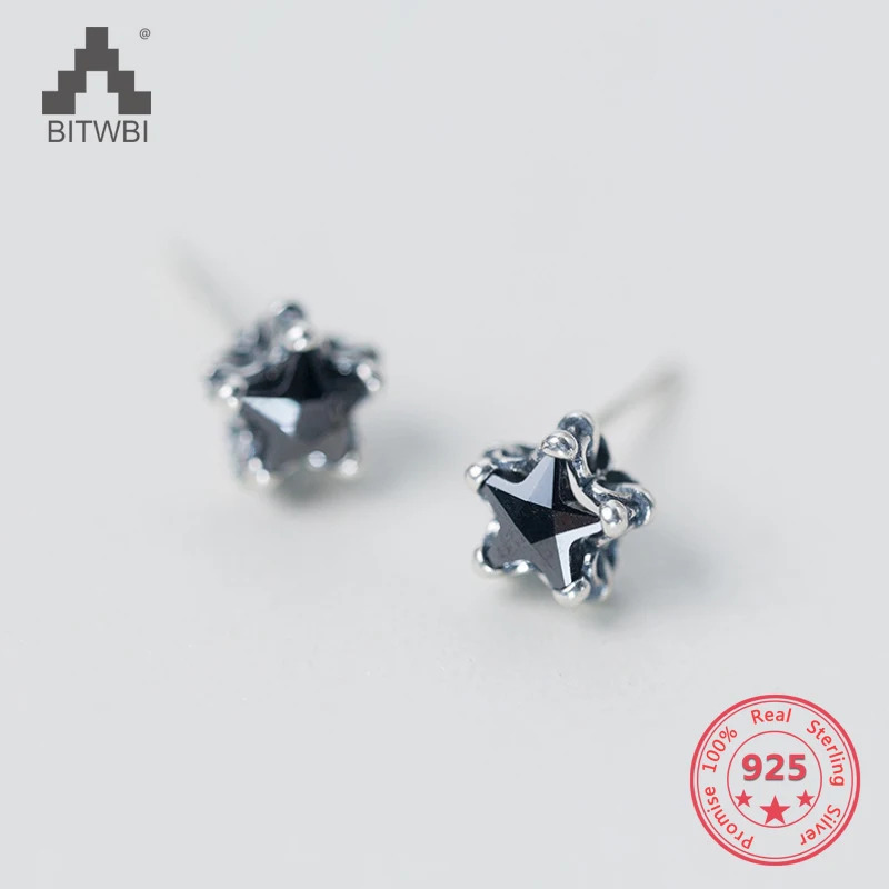 

Korea Hot Style 925 Sterling Silver Simple Retro Vintage Black Diamond Star Stud Earring Jewelry for Women