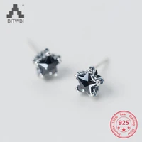 korea hot style 925 sterling silver simple retro vintage black diamond star stud earring jewelry for women