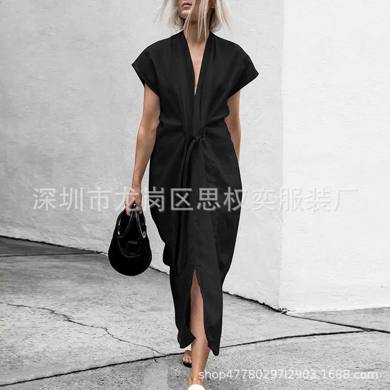 Модное однотонное женское платье 2019 весенне Летние повседневные Макси платья с V