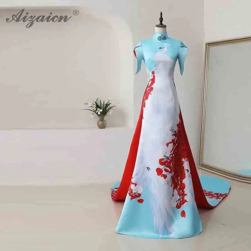 Модное платье на одно плечо Cheongsam длинный хвост кружево платья Qi Pao для женщин в