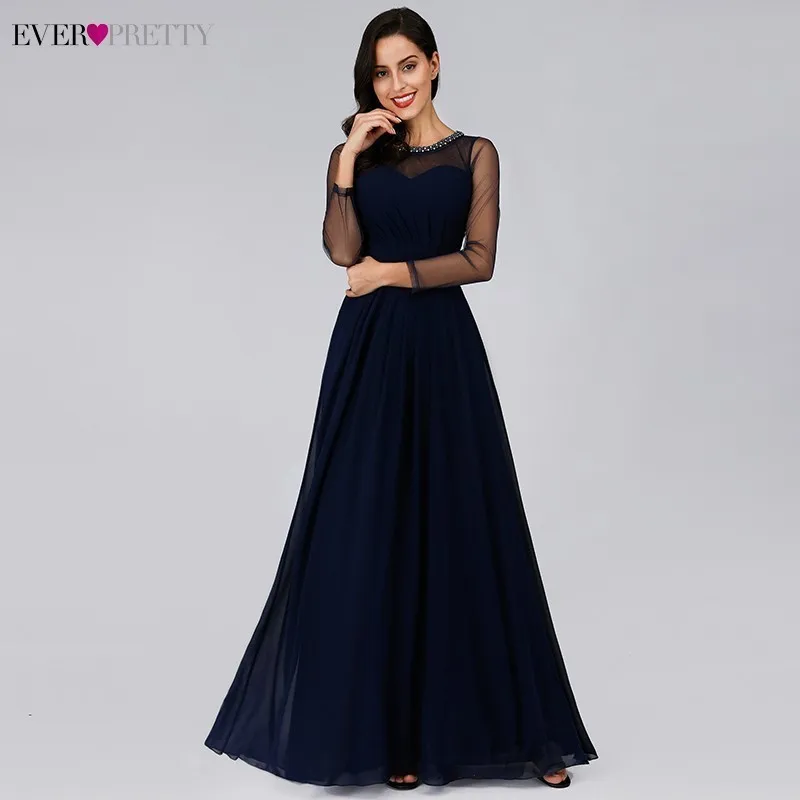 Темно синие длинные платья подружек невесты Ever Pretty A Line с длинным рукавом