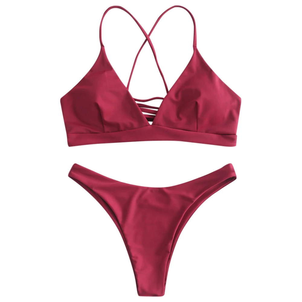 ZAFUL 2019 Bikinis Lace up Bikini Set Women Sexy Thongs High Cut Spaghetti Straps Bodysuit Solid Swimwear for Swimsuit |
