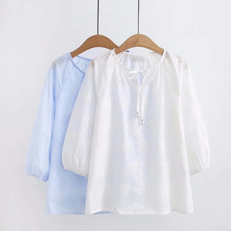 Женская блузка больших размеров с круглым вырезом и цветочной вышивкой рубашка