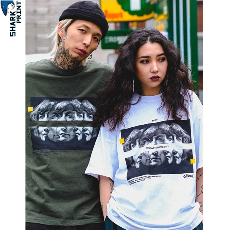 SharkPrint 2019 Summer Mens 100% Cotton 2 Pcs Fashion Profile Photo Print T Shirt Street Tees Big LOGO Casual Short Sleeve Tops | Мужская