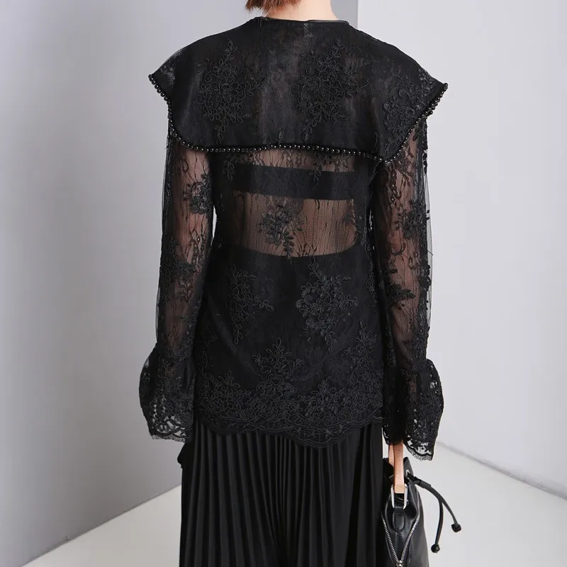 TWOTWINSTYLE Lace Shirts Tops Female Flare Long Sleeve Perspective Beading Blouse For Women Elegant Fashion Korean 2019 Autumn |