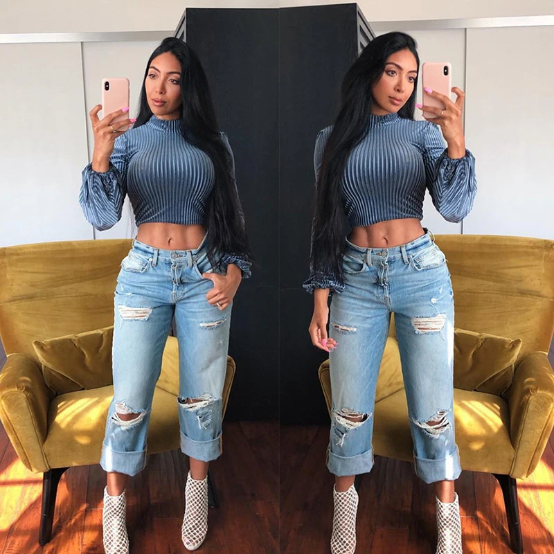 Модные трикотажные дамы футболки однотонные синие повседневное топы с длинными