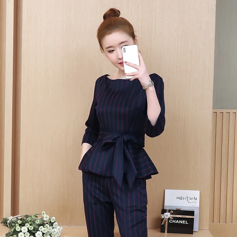 

2019 Spring new stripe two-piece clothing set women O neck long sleeve slim pants suit with belt Korean fashion office outfit