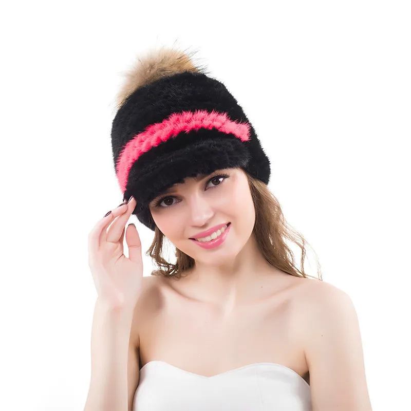 Real Mink Fur Hats With Raccoon Pompom Winter Warm Fashion Women Visors Hat Caps |
