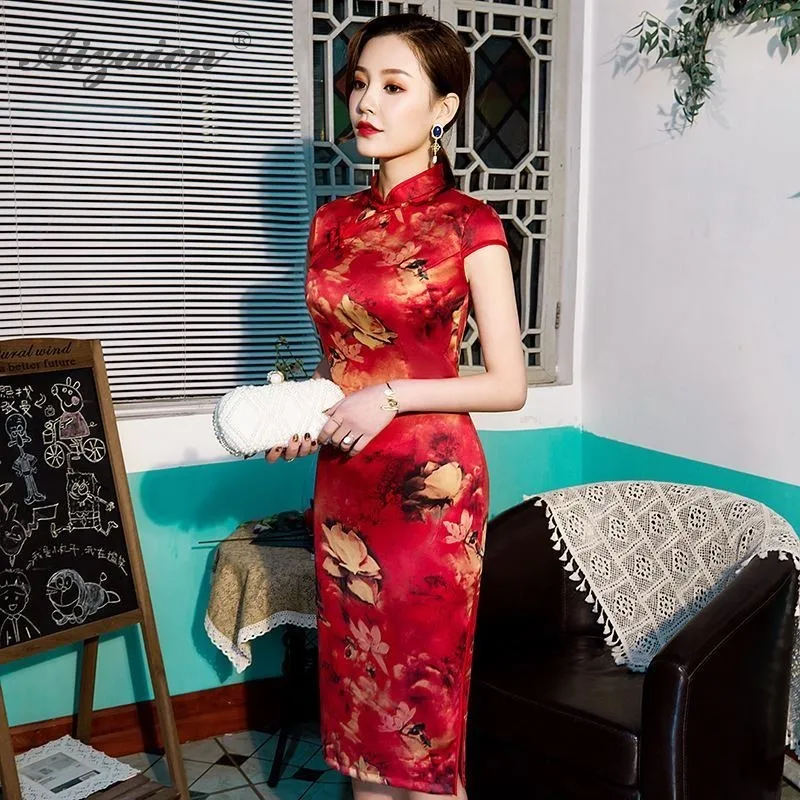 Fashion Red Cheongsam Long Double Layer Mother Dresses Chinoise Vintage Gown Qi Pao Women Chinese Traditional Clothing Dress |