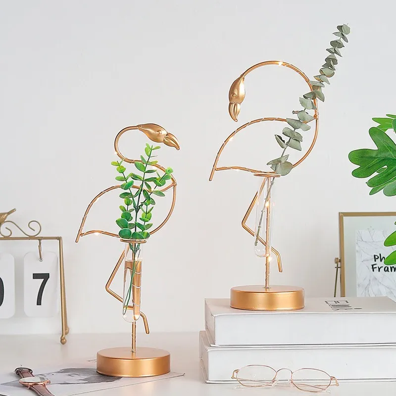 Nordic style wrought iron flamingo hydroponic plant bonsai ornaments night light party decoration Valentine's Day gift | Дом и сад