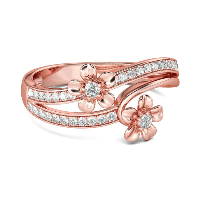 Double Flower Shape Zircon Finger Rings for Women Micro-drill Rose Gold Wedding Ring Sliver 925 Simplicity Fashion Jewelry | Украшения и
