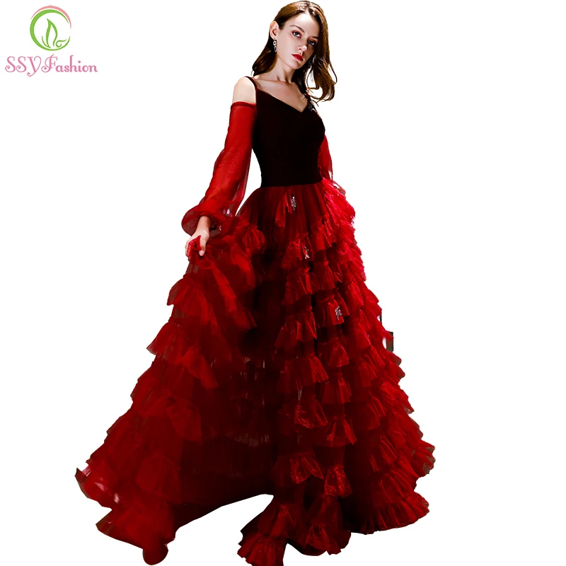 SSYFashion Новый Банкетный Элегантный бордовый вечернее платье с длинным рукавом