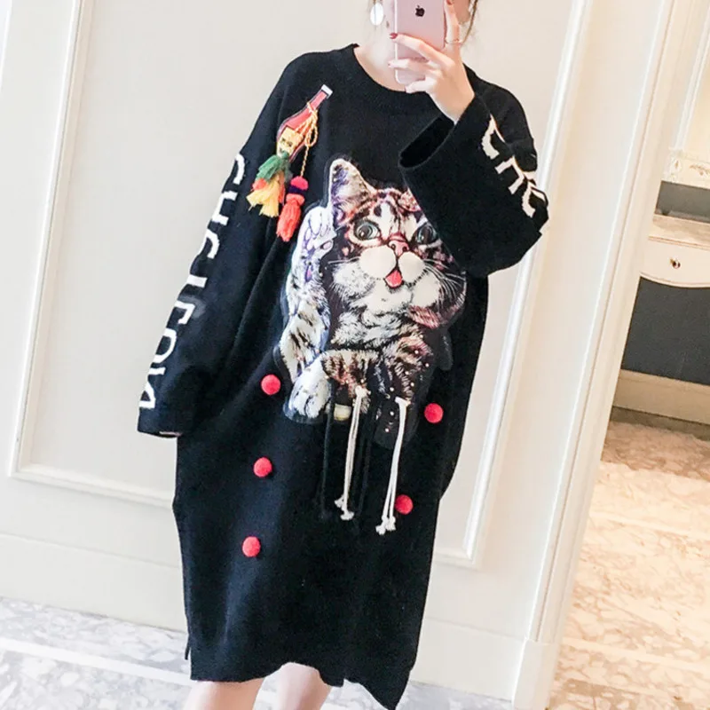 Vefadisa Women Cartoon Cat Tassel Knitting Sweater Dress 2018 Winter Letter Printing Pullover Maternity DQ522 | Женская одежда