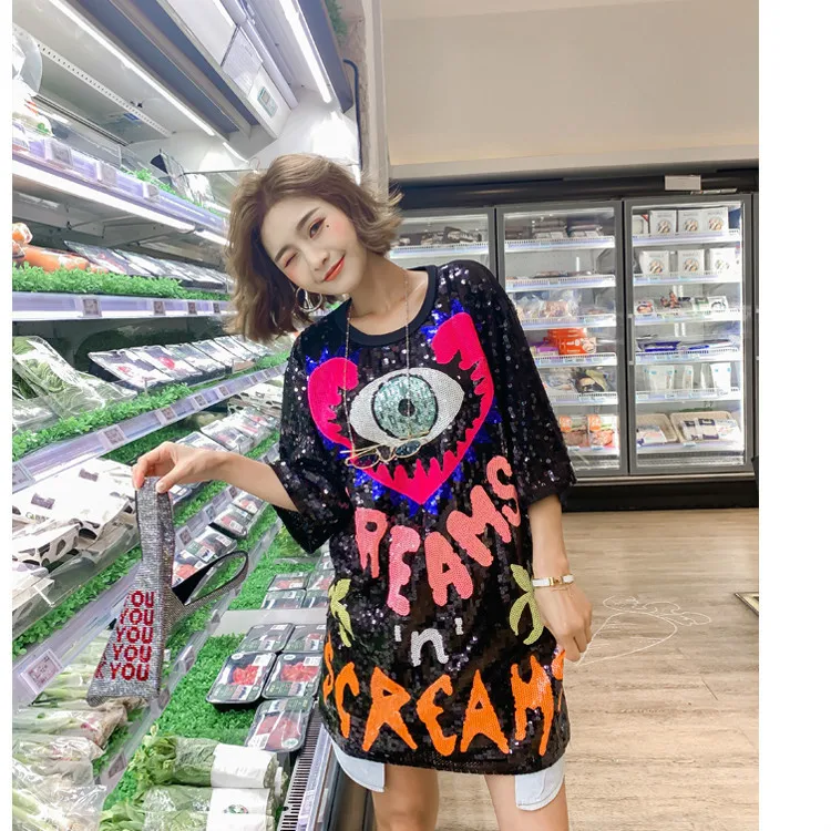 Женская свободная рубашка BONJEAN Длинная черная с коротким рукавом и блестками
