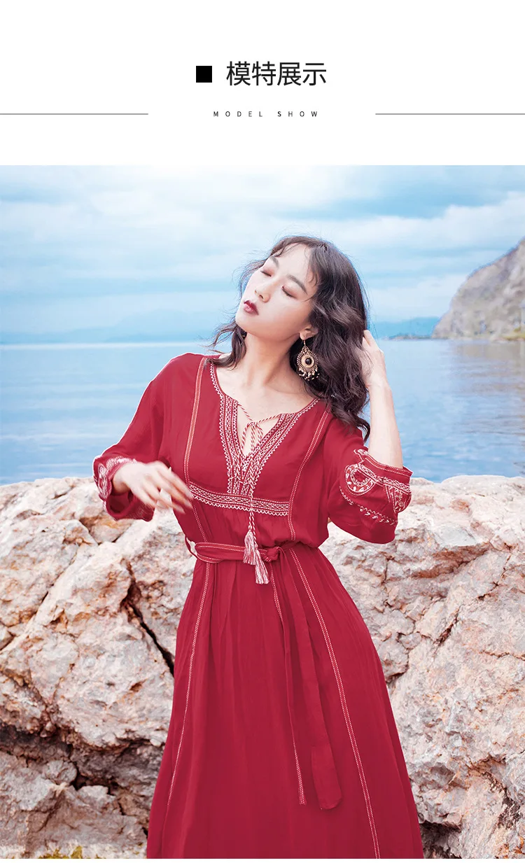 Женское винтажное пляжное платье Boho однотонное Хлопковое макси с вышивкой и