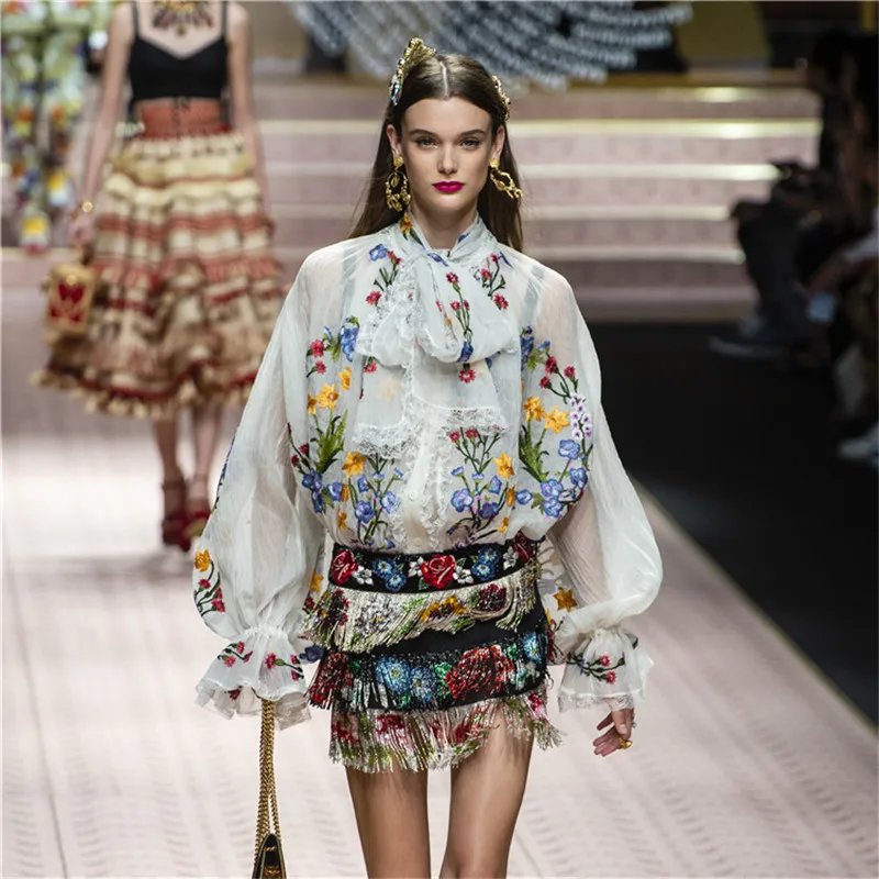 2019 летняя подиумная Цветочная вышивка женская белая блуза рубашка Элегантная