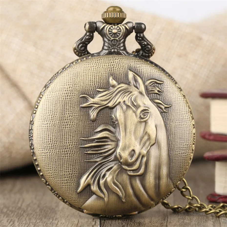 Vintage Bronze Pocket Watch Quartz Retro Horse Full Hunter Pendant Watch with Fob Necklace Chain Best Gift for Men Women reloj game of thrones house lannister theme retro bronze glass dome case pendant pocket watch with necklace chain for men women