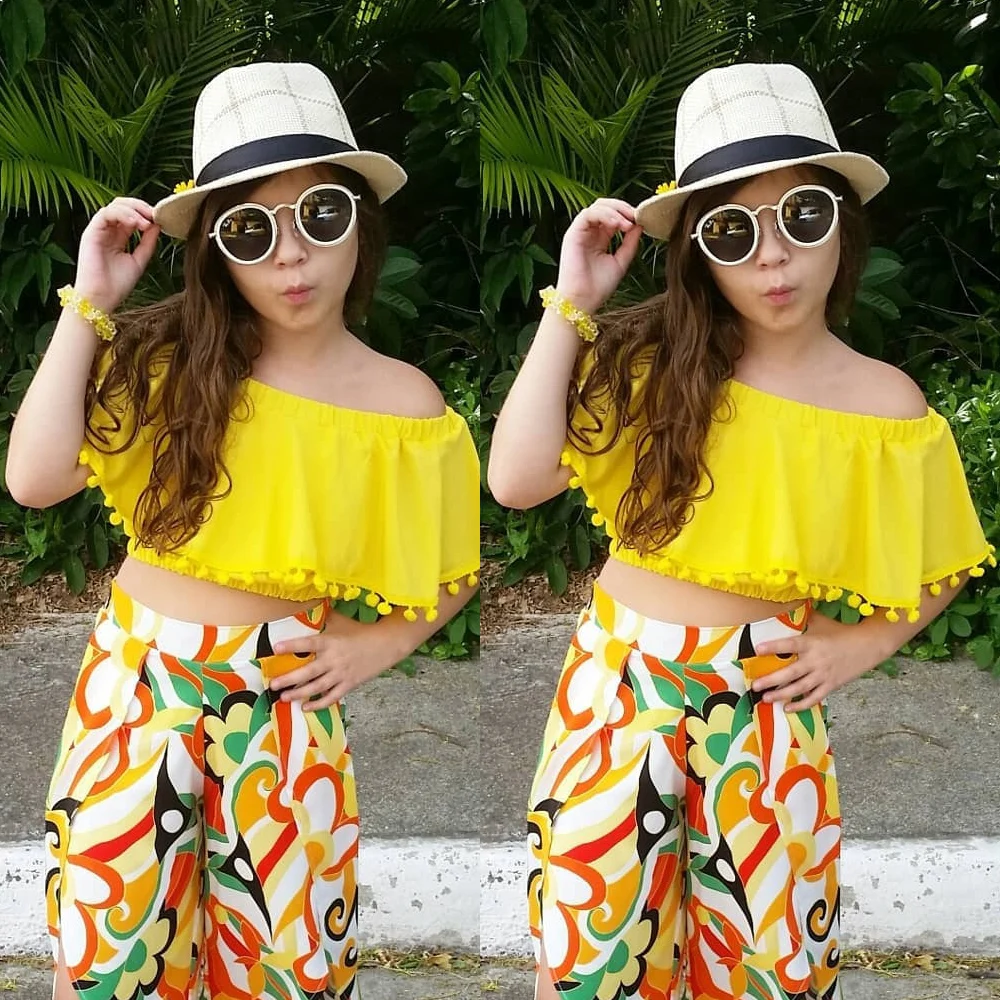 2019 Kid Toddler Kids Girl Clothes Set Sleeveless Summer Yellow Crop Tops Floral Loose Pants Costume Clothing Outfit 2PCs | Мать и