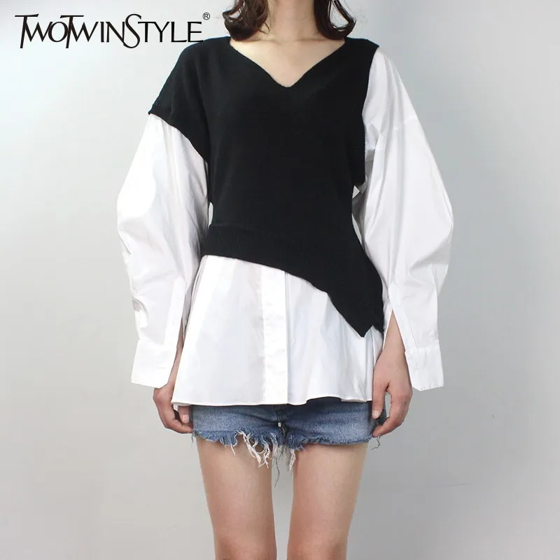 TWOTWINSTYLE трикотажная Лоскутная Блузка женская с рукавом-фонариком хит цвета