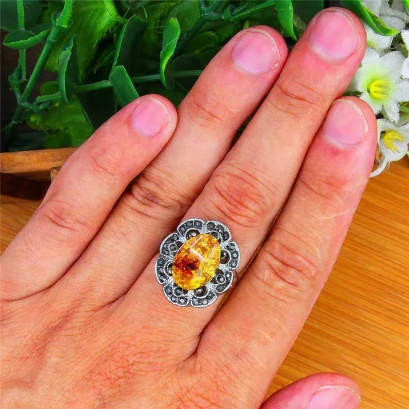 Oval Flower Resin Rings For Women Antique Silver Plated Rhinestone Plum Vintage Jewelry TR707|Кольца| |