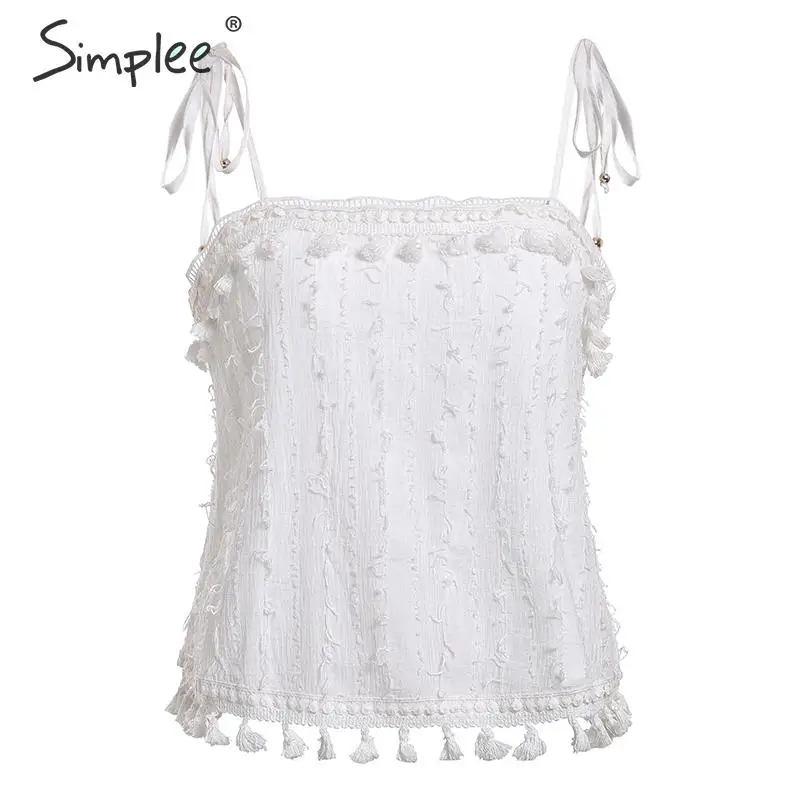 Simplee Этническая кисточкой Белый лен женская сорочка Лето boho на шнуровке
