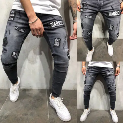 

Trendy Men Skinny Jeans Biker Destroyed Frayed Fit Denim Ripped Denim Pants Side Stripe Pencil Pants Hip Hop Streetwear S-3XL