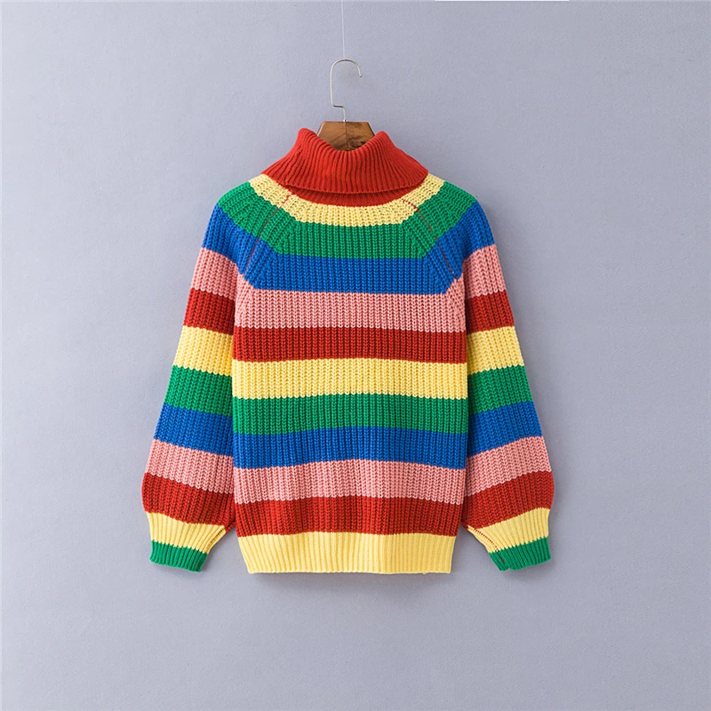 IANLAN New Womens Turtleneck Rainbow Pullover Colorful Striped Long Sleeve Sweater Girls Popular Loose Knitwear IL00391 | Женская одежда