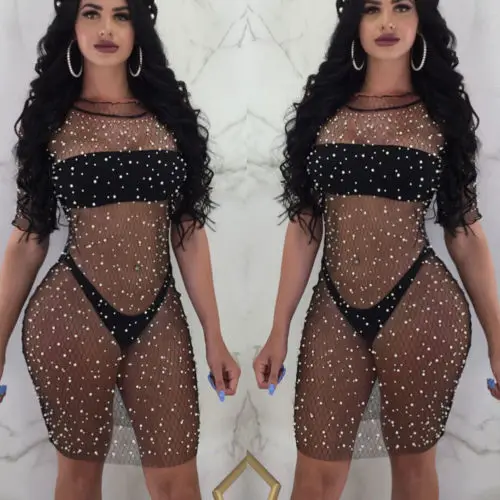 Hot Selling Women Summer Sequins Crochet Bikini Cover Up Swimwear Bathing Suit Pearl Beading Mesh Tops Beach Dresses | Женская одежда