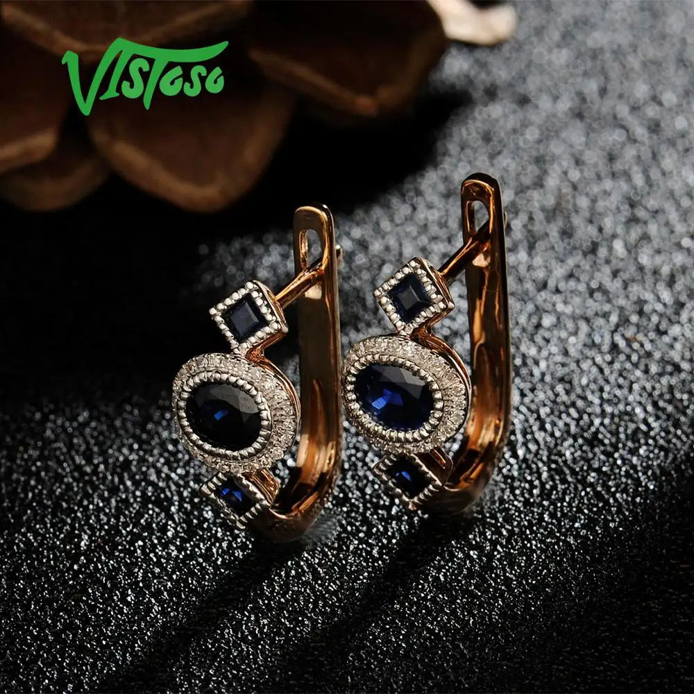 VISTOSO золотые серьги для женщин 14K 585 розовое золото сверкающий синий сапфир