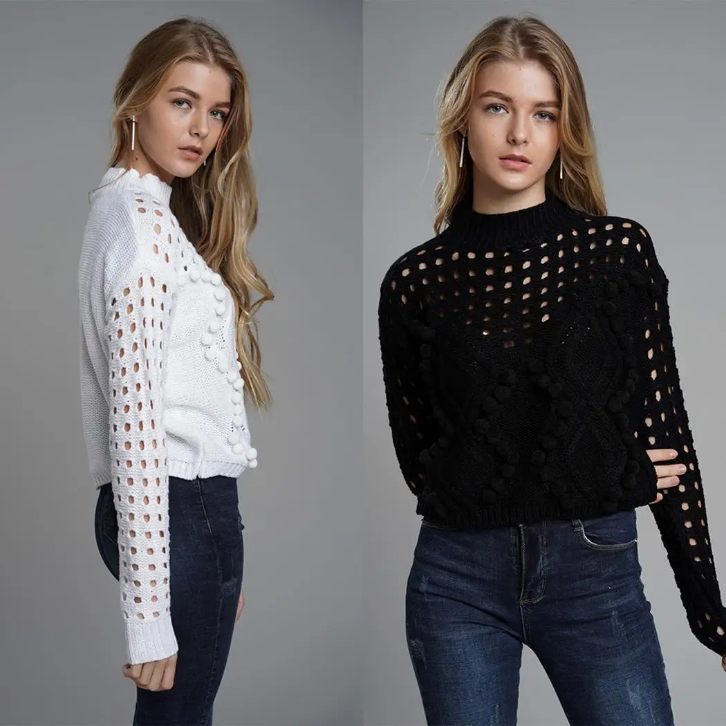 Women Casual Turtleneck Long Sleeve Solid Loose Hollow Autumn Winter Black White Pullover Sweater | Женская одежда