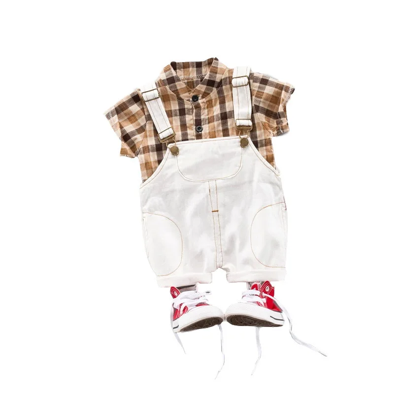 

Летняя одежда для маленьких мальчиков, футболка в клетку, хлопковые шорты на бретельках, 2 шт./компл., модная одежда для малышей, спортивные к...