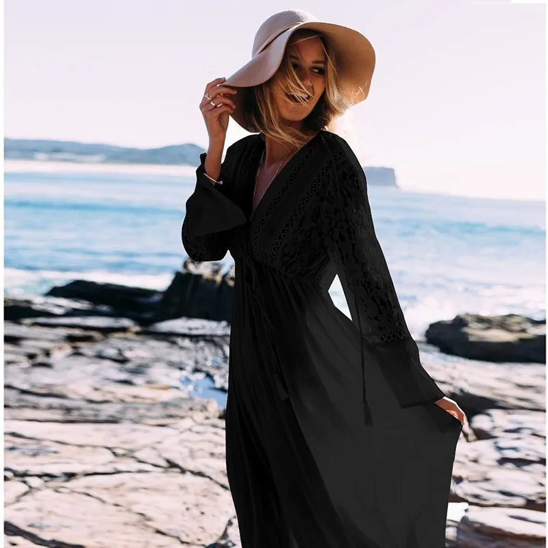 Туника длинный купальник открытое пляжное платье сплошной рукав пляжная одежда