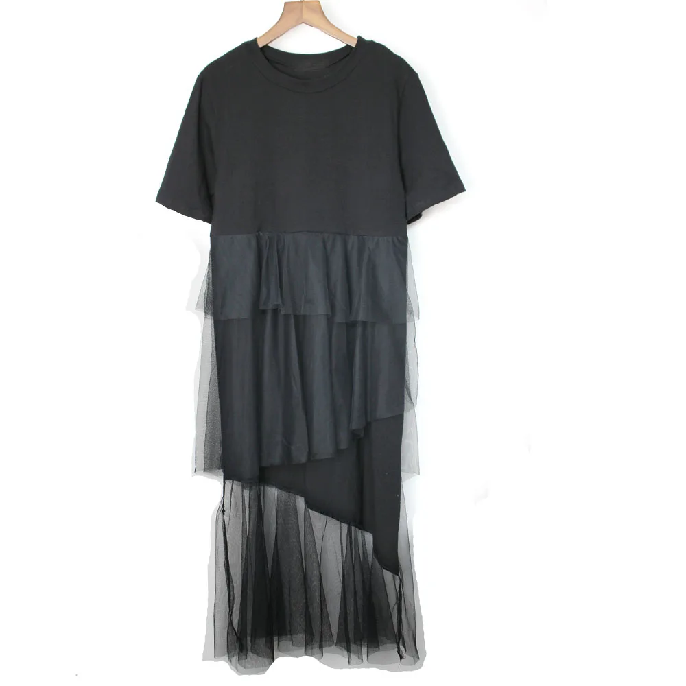 Women 2019 Summer New Korea Fashion O-neck Short Sleeve Loose Dress Female Patchwork Mesh Mid-calf | Женская одежда