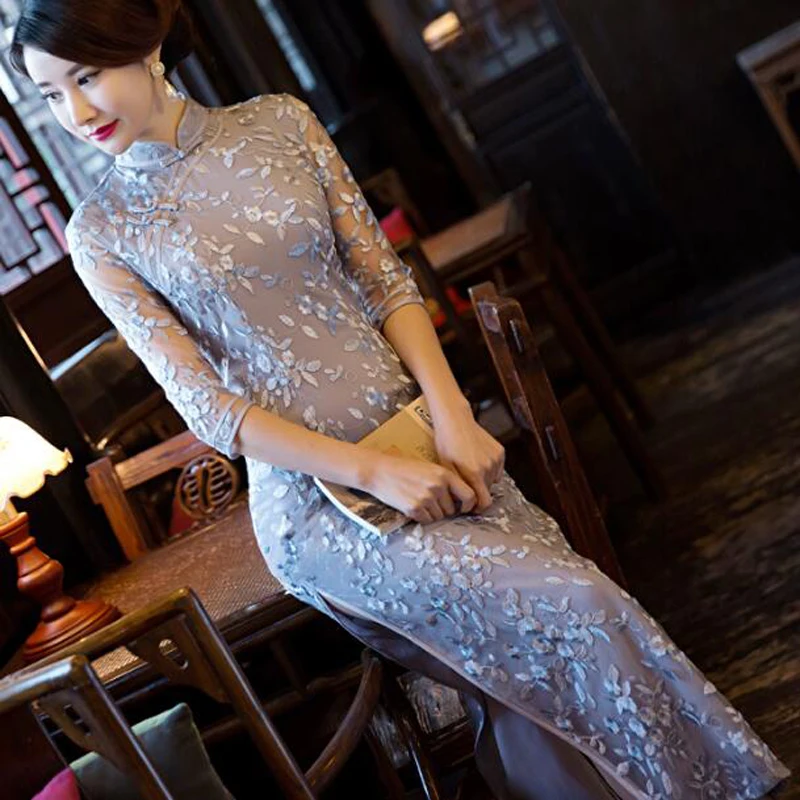 Chinese Women Satin Cheongsam Lace Long Dress Qipao China Oriental Embroidery Dresses Traditional Cheongsams | Тематическая одежда