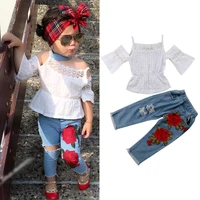 2pcs hot sale toddler kids girls clothes strapless shoulder lace tops flower denim pants outfits clothing set 1 6t