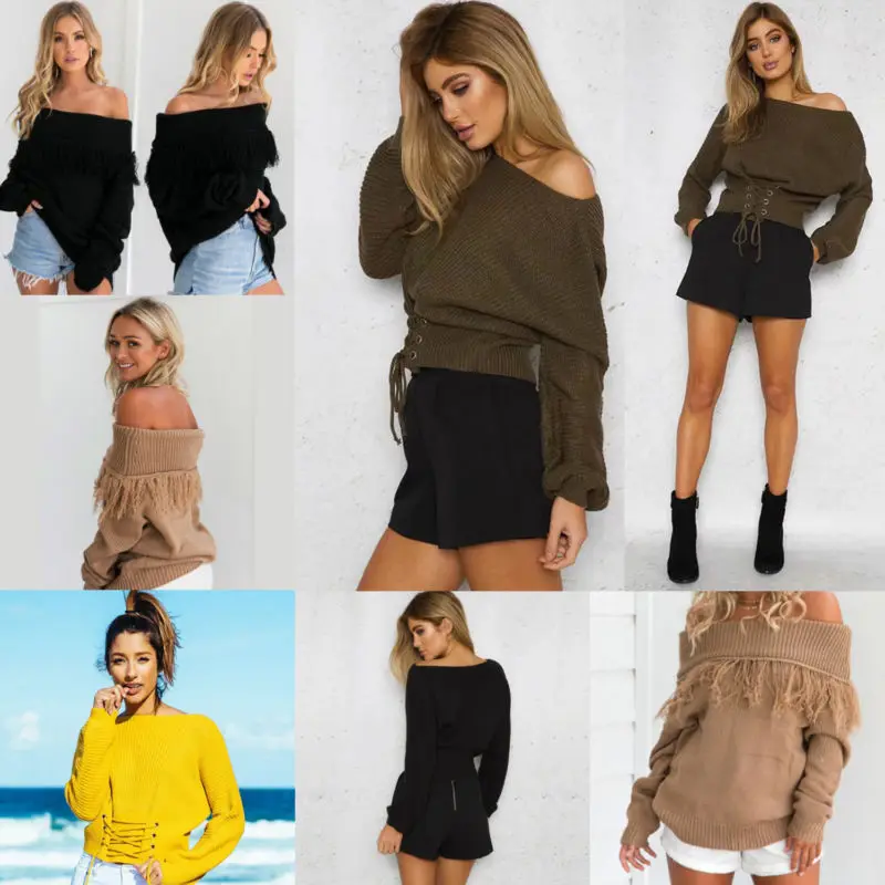 Women's Long Sleeve Off Shoulder Sweater Baggy Jumper Loose Top Blouse Pullover Female Spring Autumn Sweetwear Knitted Tops | Женская