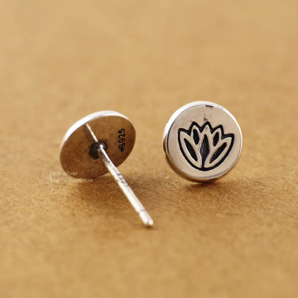 S92-5 Sterling SIL Fashion Jewelry Retro Elegant Lotus Pattern Round Post Stud Earrings A1374 | Украшения и аксессуары