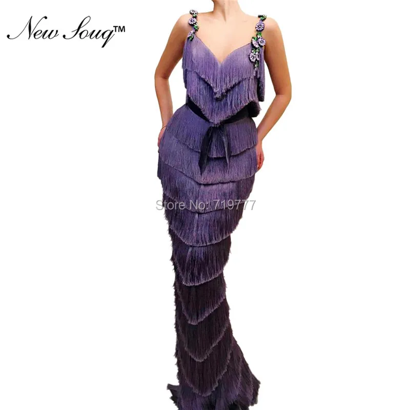 

Tassel Purple Mermaid Evening Dresses Spaghetti Straps With Crystals Sexy Party Gowns 2019 Couture Robe De Soiree Prom Dresses