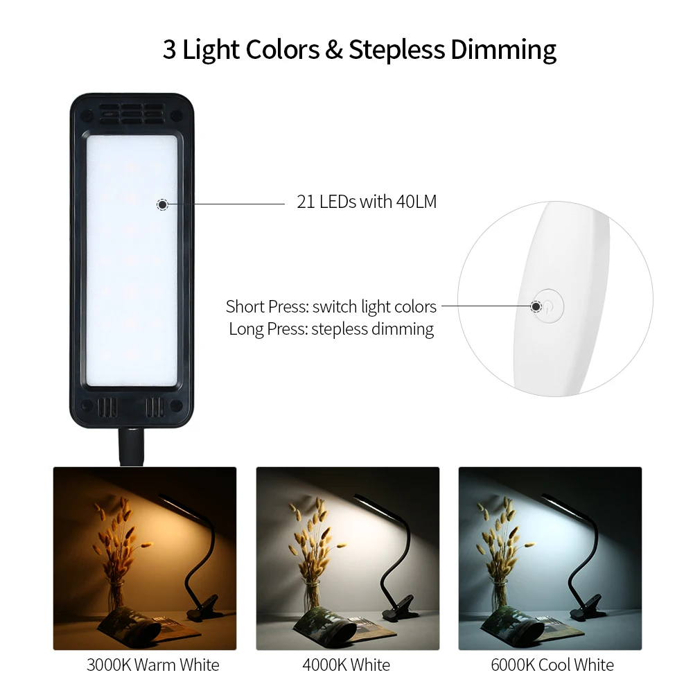 

USB LED Clip Night Lamp 3 Light Colors Stepless Dimming 360 Flexible Goose Neck Desk Light Eye Protection Reading Lamp