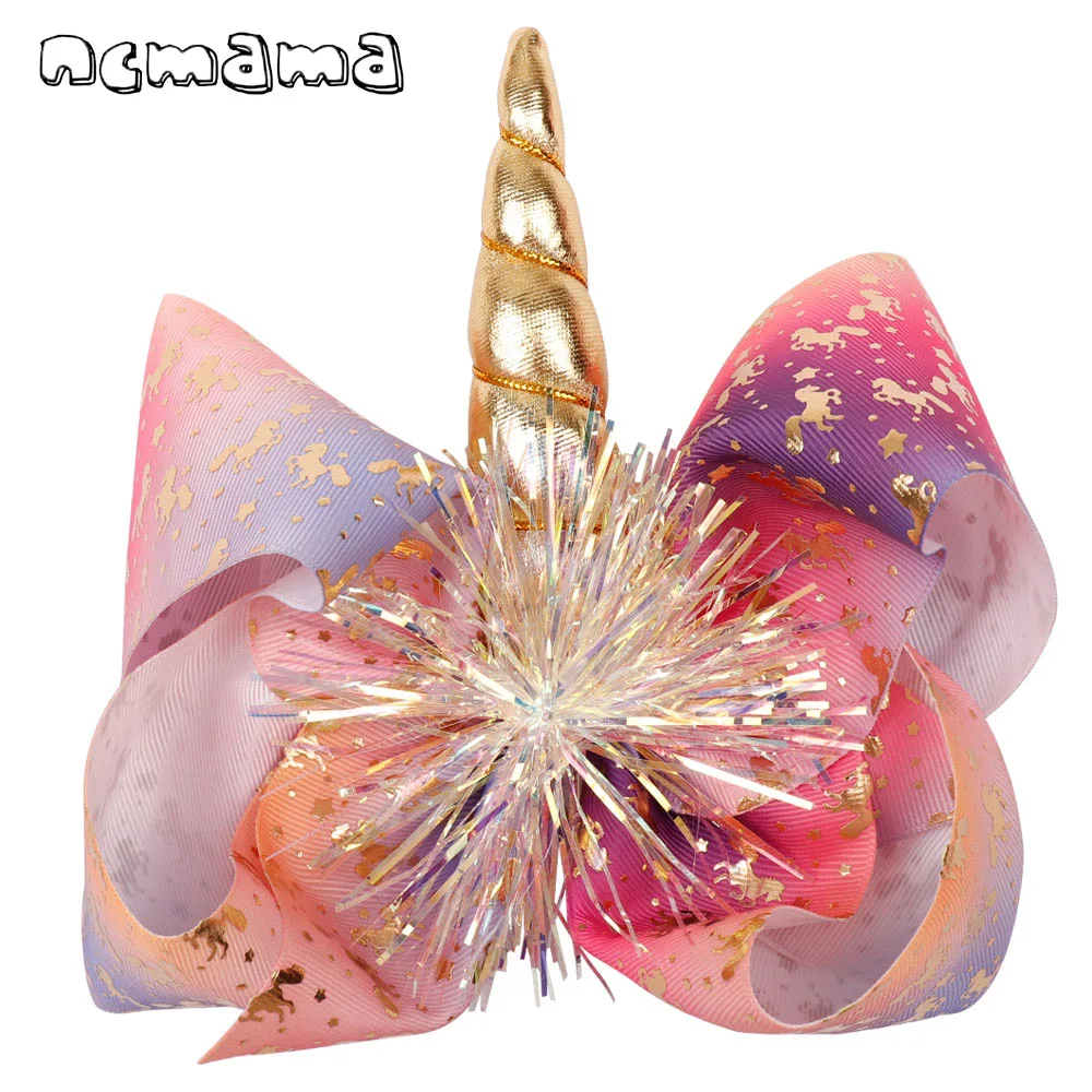 Ncmama 7 дюймов волос Луки для девочек большой Hairbow заколки с Рог единорога корсажная